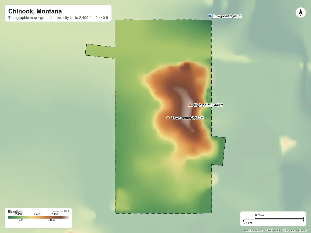 Topographic elevation map of Chinook, Montana, shaded from 2,400 ft on the north side to 2,440 ft on the northeast side