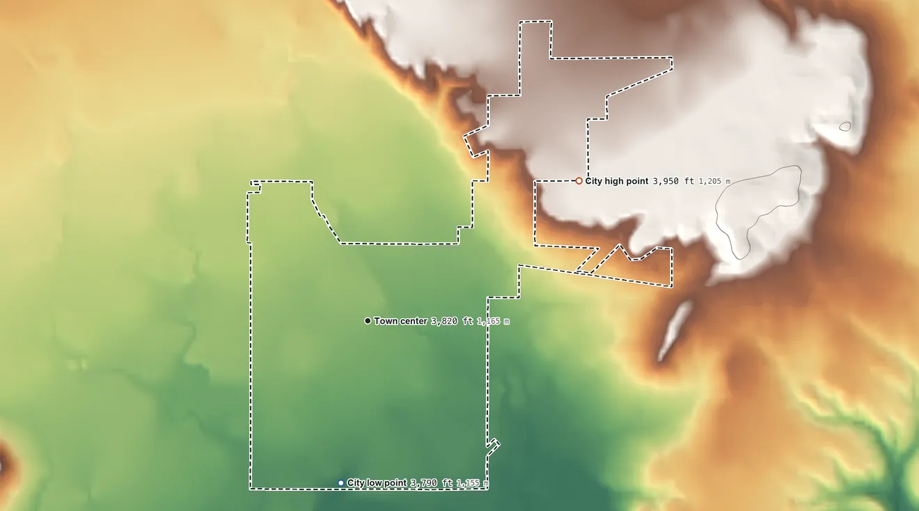 Topographic elevation map of Choteau, Montana, shaded from 3,790 ft on the south side to 3,950 ft on the northeast side