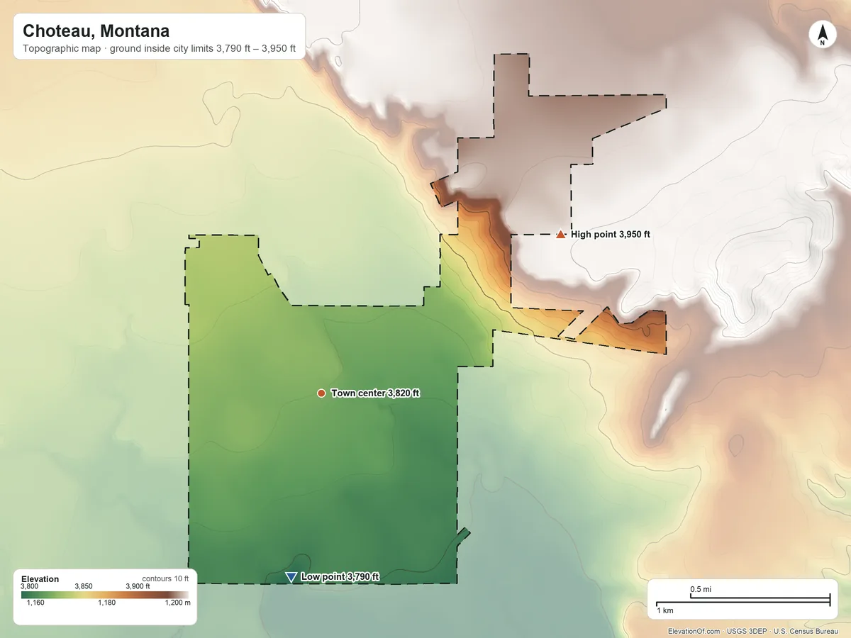 Topographic elevation map of Choteau, Montana, shaded from 3,790 ft on the south side to 3,950 ft on the northeast side