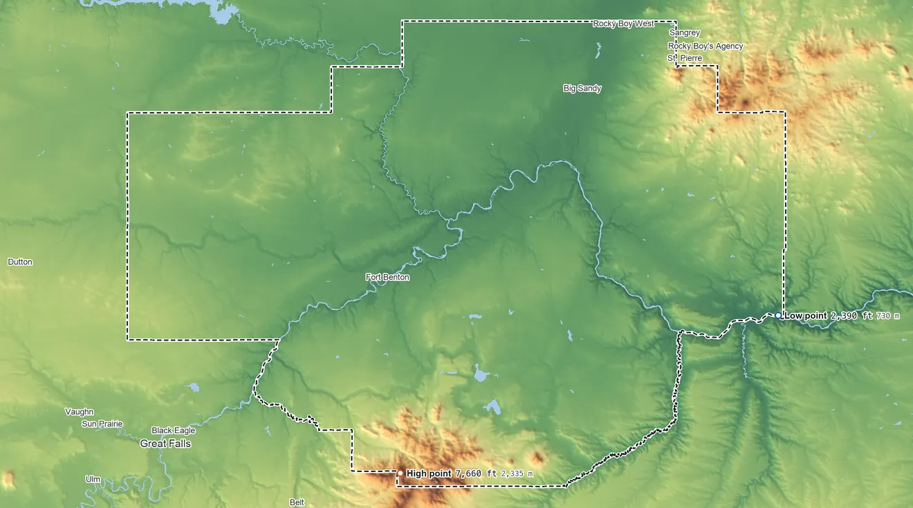 Topographic elevation map of Chouteau County, Montana, shaded from 2,390 ft on the east side to 7,660 ft on Highwood Baldy