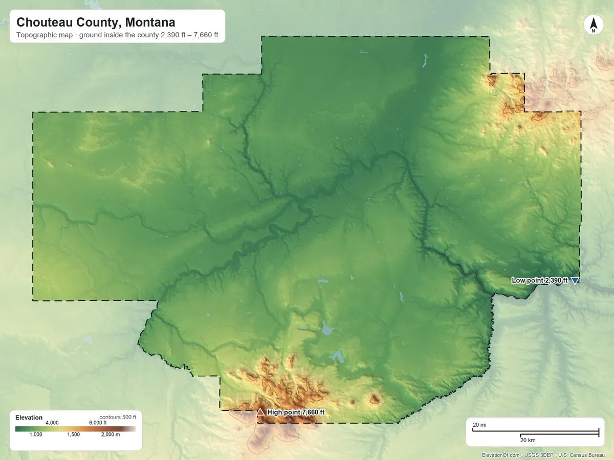 Topographic elevation map of Chouteau County, Montana, shaded from 2,390 ft on the east side to 7,660 ft on Highwood Baldy