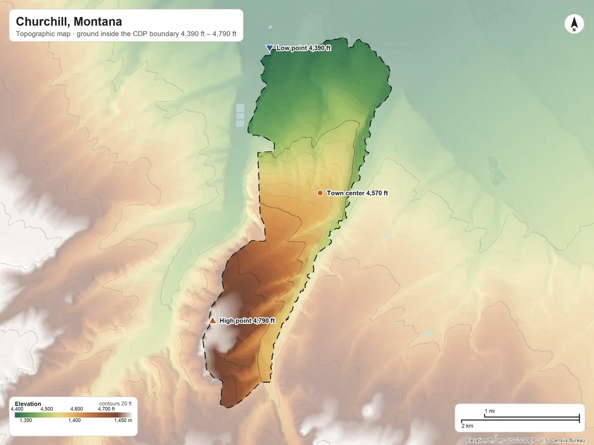 Topographic elevation map of Churchill, Montana, shaded from 4,390 ft on the north side to 4,790 ft on the southwest side