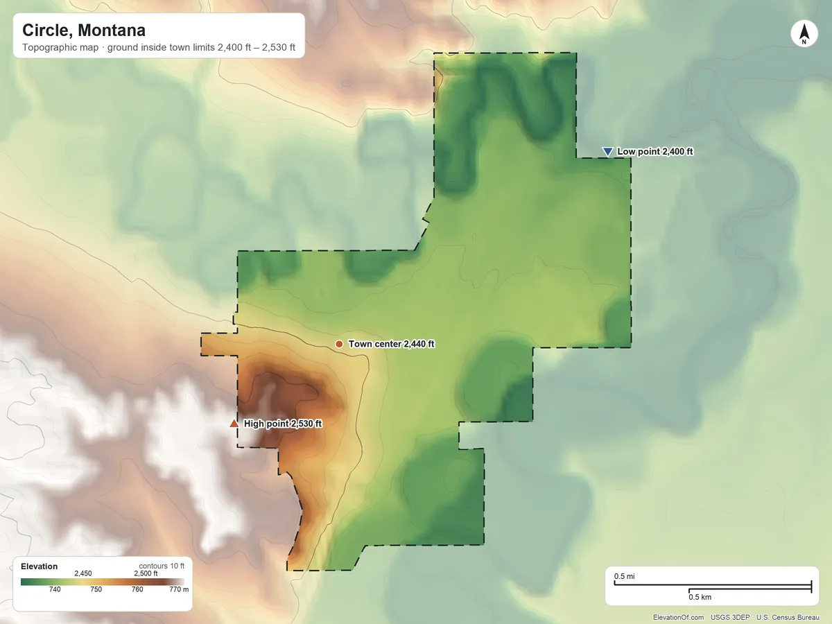 Topographic elevation map of Circle, Montana, shaded from 2,400 ft on the northeast side to 2,530 ft on the southwest side