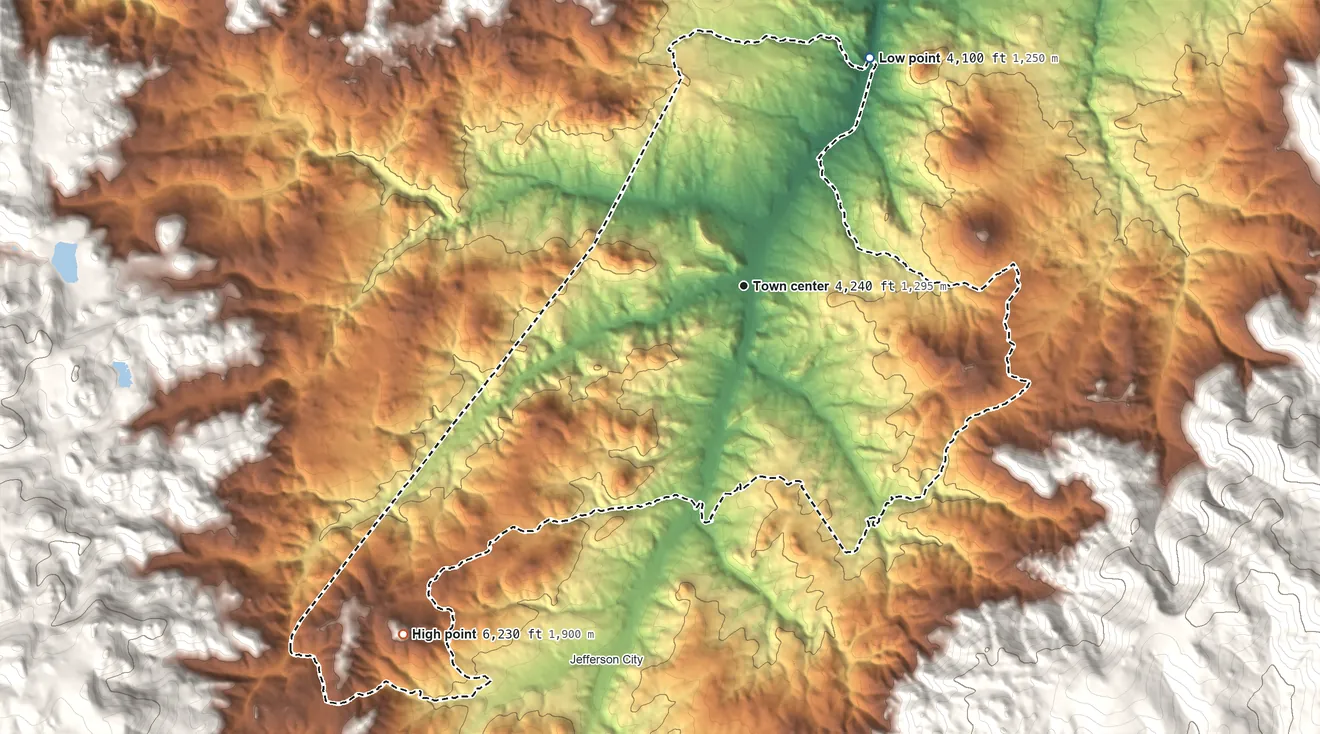 Topographic elevation map of Clancy, Montana, shaded from 4,100 ft on the northeast side to 6,230 ft on Valparaiso Mountain
