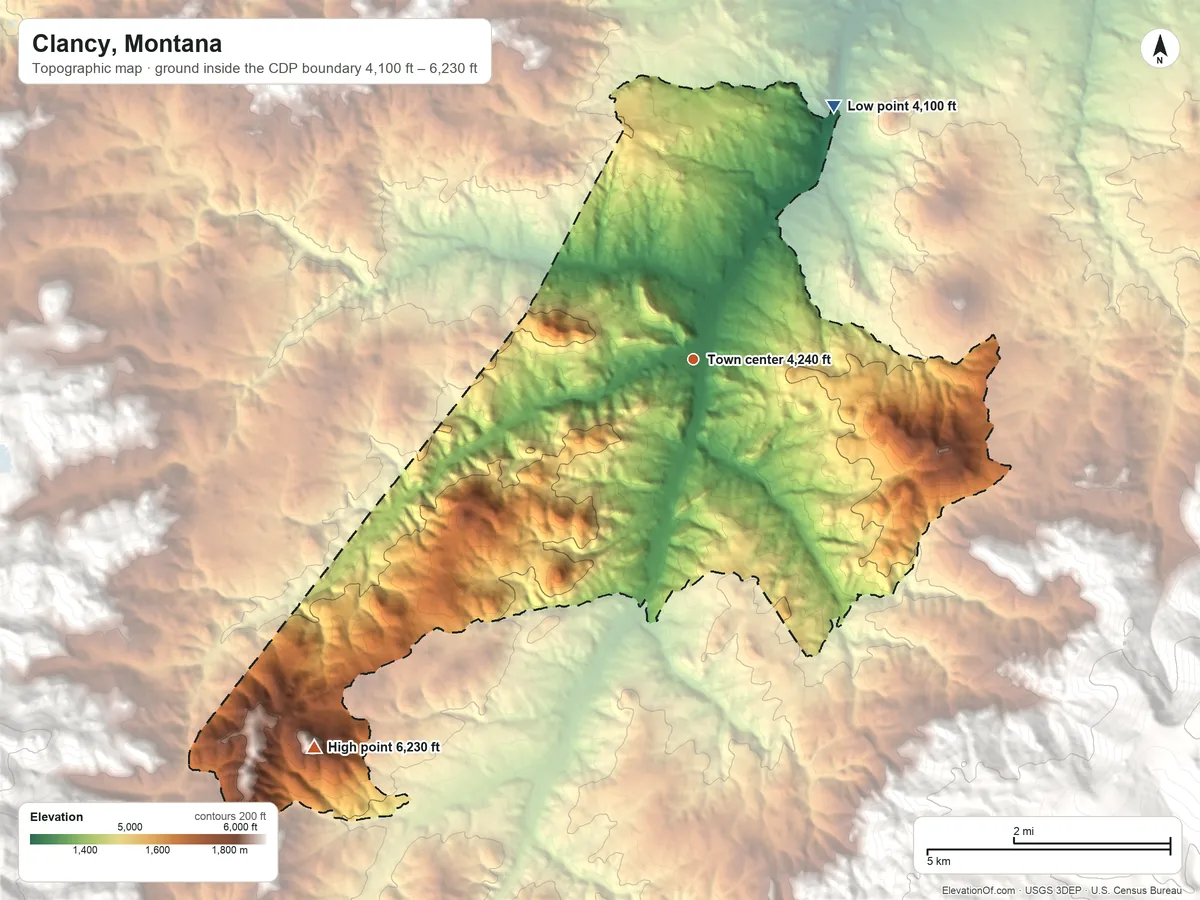 Topographic elevation map of Clancy, Montana, shaded from 4,100 ft on the northeast side to 6,230 ft on Valparaiso Mountain