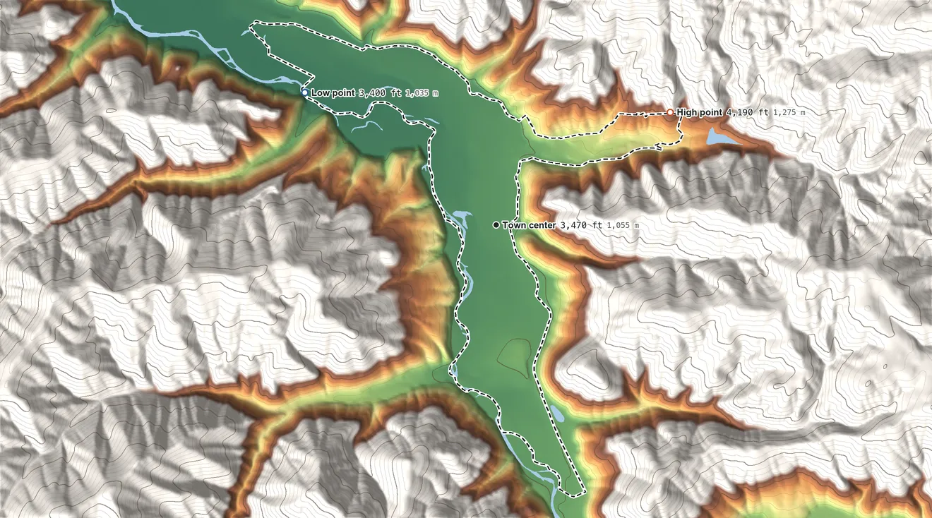 Topographic elevation map of Clinton, Montana, shaded from 3,400 ft on the northwest side to 4,190 ft on the northeast edge, below higher ground just outside