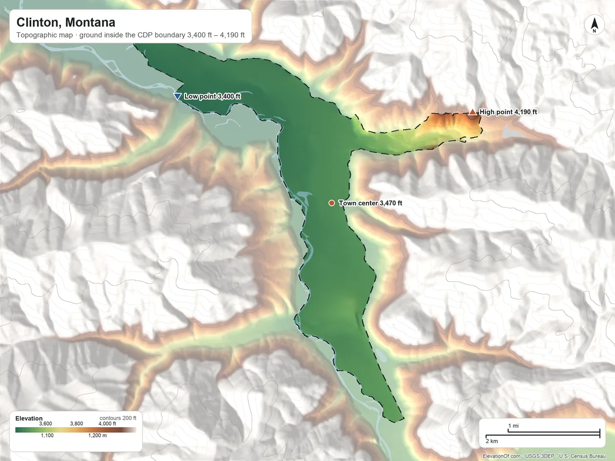 Topographic elevation map of Clinton, Montana, shaded from 3,400 ft on the northwest side to 4,190 ft on the northeast edge, below higher ground just outside
