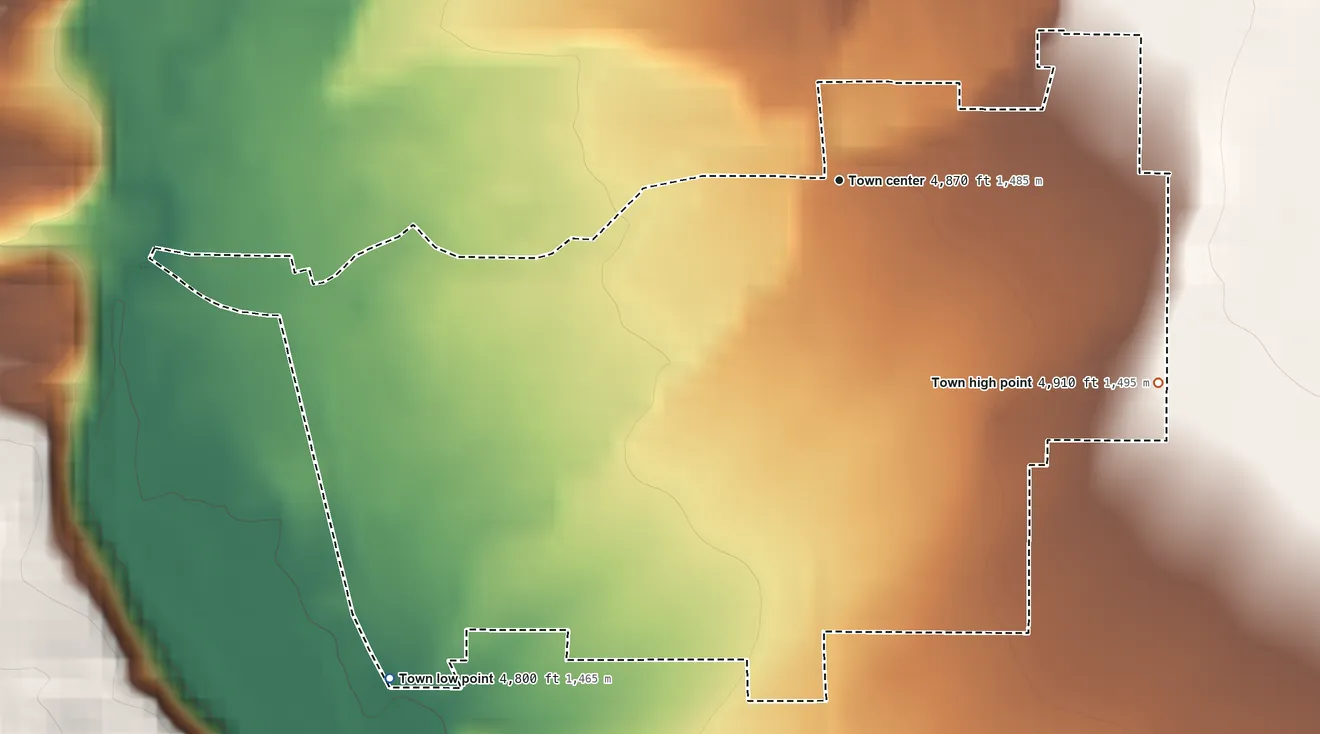 Topographic elevation map of Clyde Park, Montana, shaded from 4,800 ft on the southwest side to 4,910 ft on the southeast side