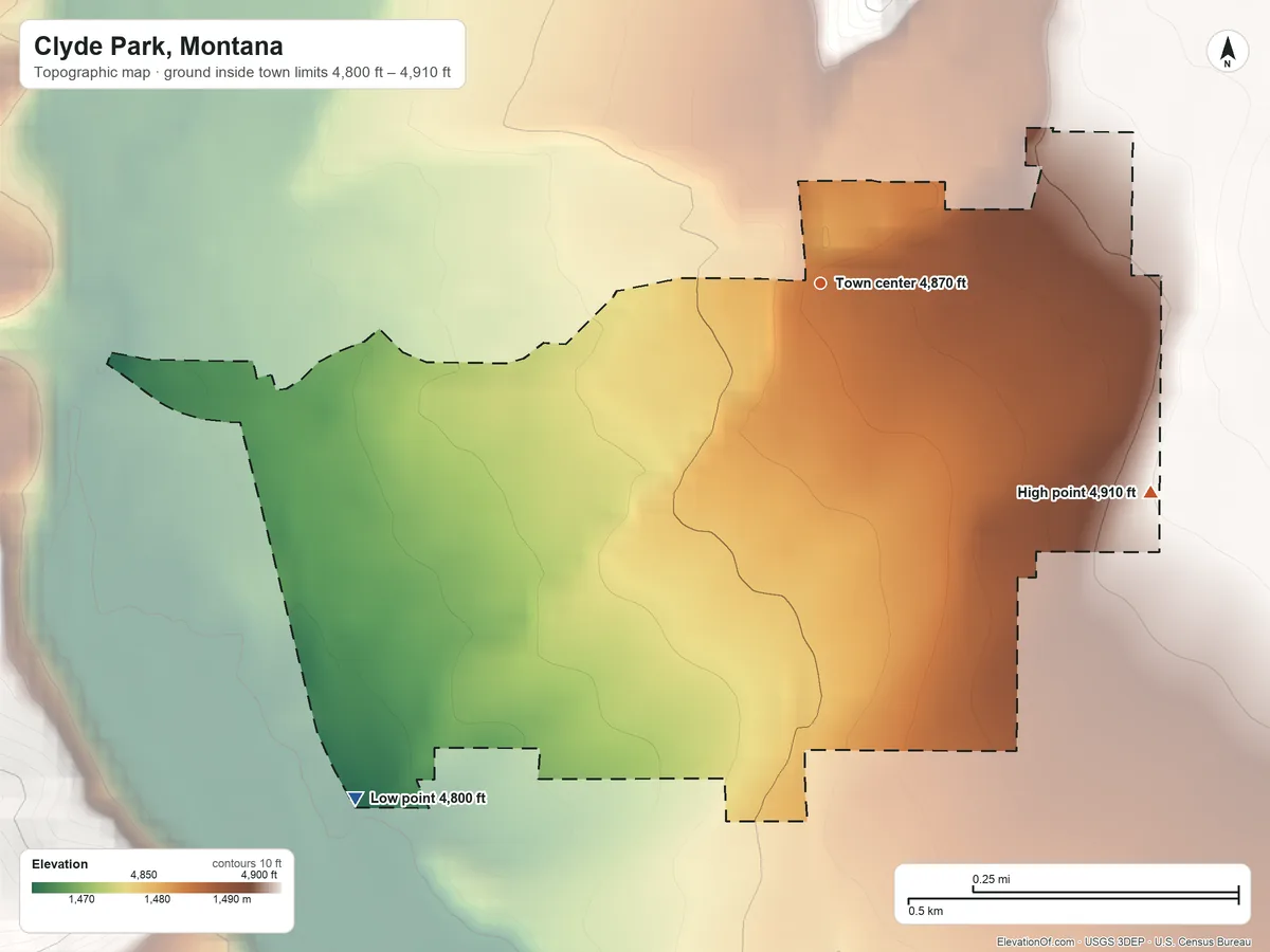Topographic elevation map of Clyde Park, Montana, shaded from 4,800 ft on the southwest side to 4,910 ft on the southeast side