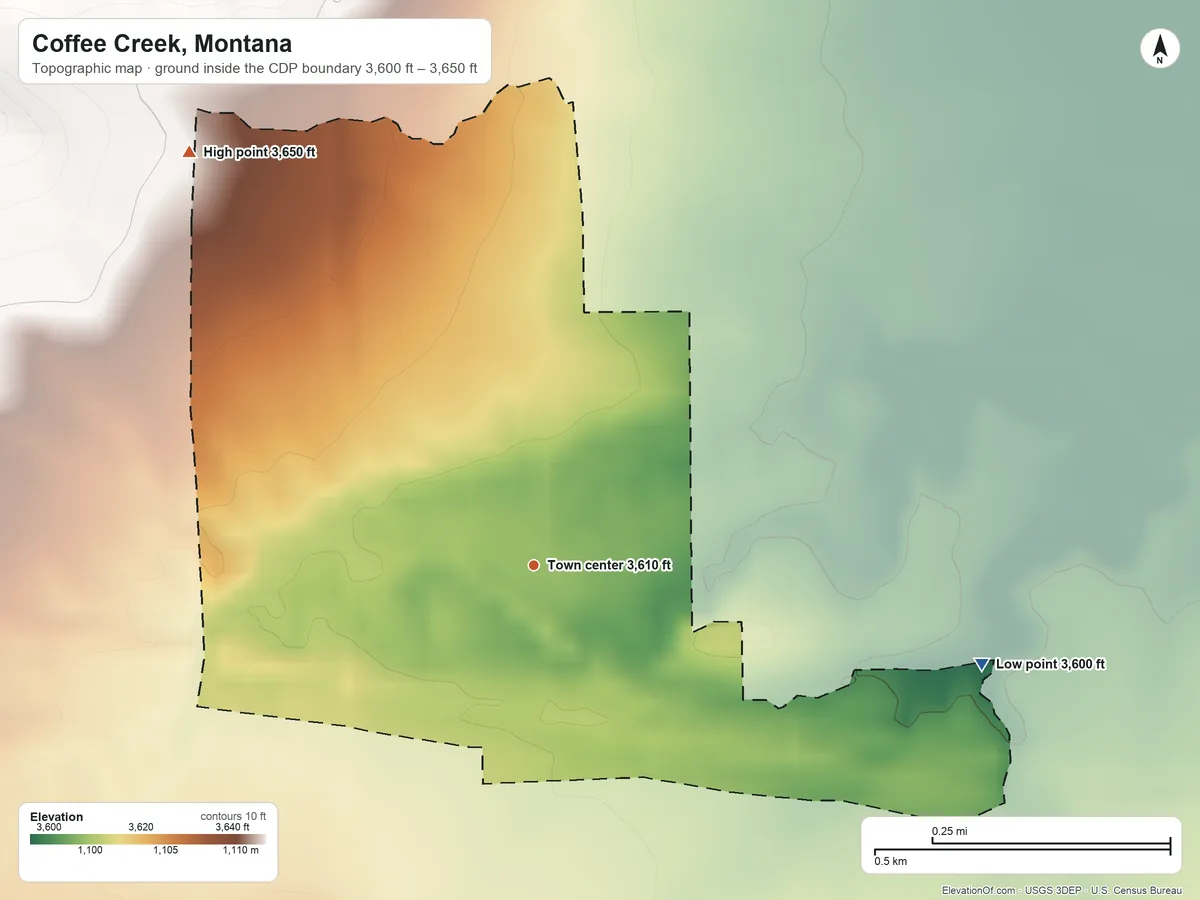 Topographic elevation map of Coffee Creek, Montana, shaded from 3,600 ft on the east side to 3,650 ft on the northwest side