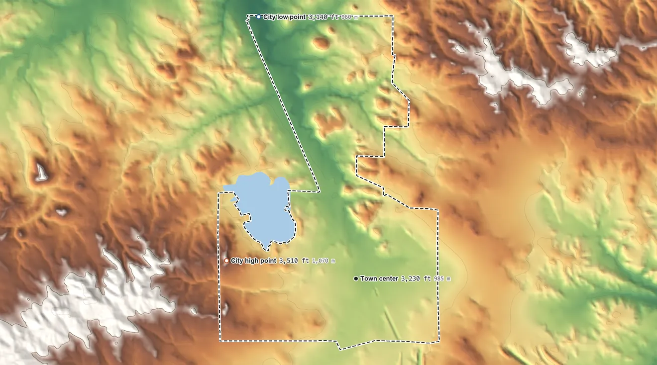 Topographic elevation map of Colstrip, Montana, shaded from 3,140 ft on the north side to 3,510 ft on the west side