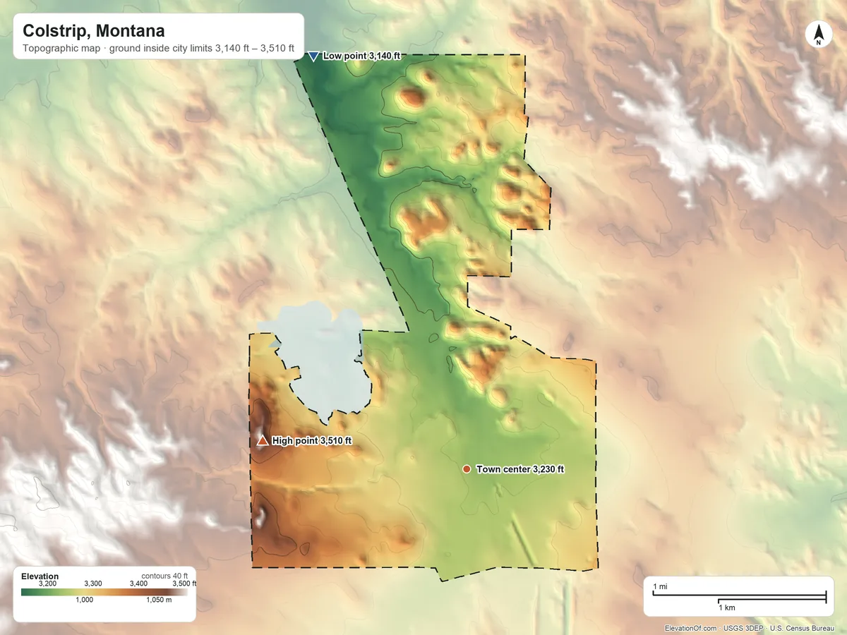 Topographic elevation map of Colstrip, Montana, shaded from 3,140 ft on the north side to 3,510 ft on the west side