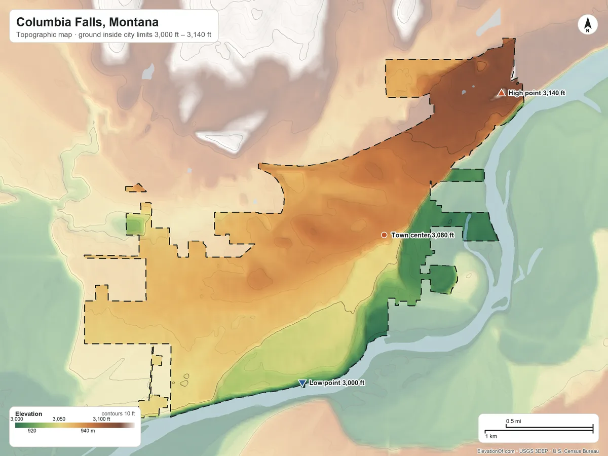 Topographic elevation map of Columbia Falls, Montana, shaded from 3,000 ft on the southwest side to 3,140 ft on the northeast side