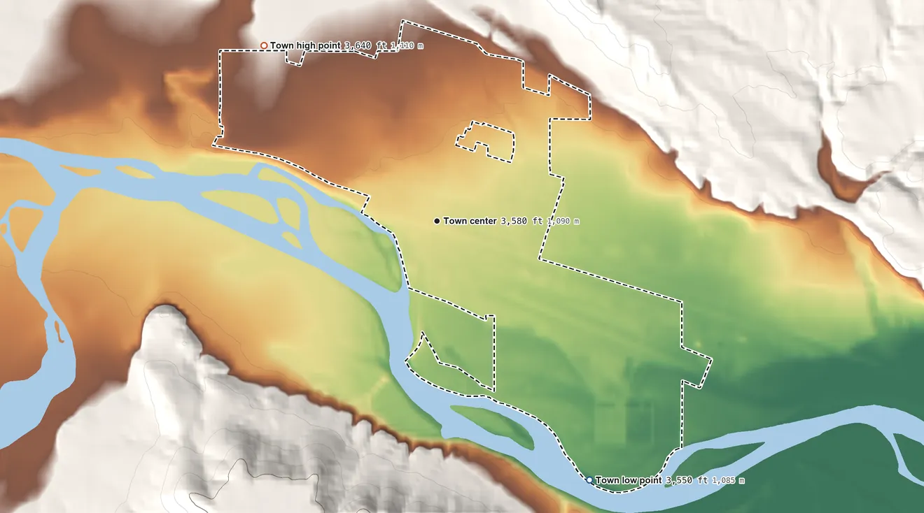 Topographic elevation map of Columbus, Montana, shaded from 3,550 ft on the southeast side to 3,640 ft on the northwest edge, below higher ground just outside