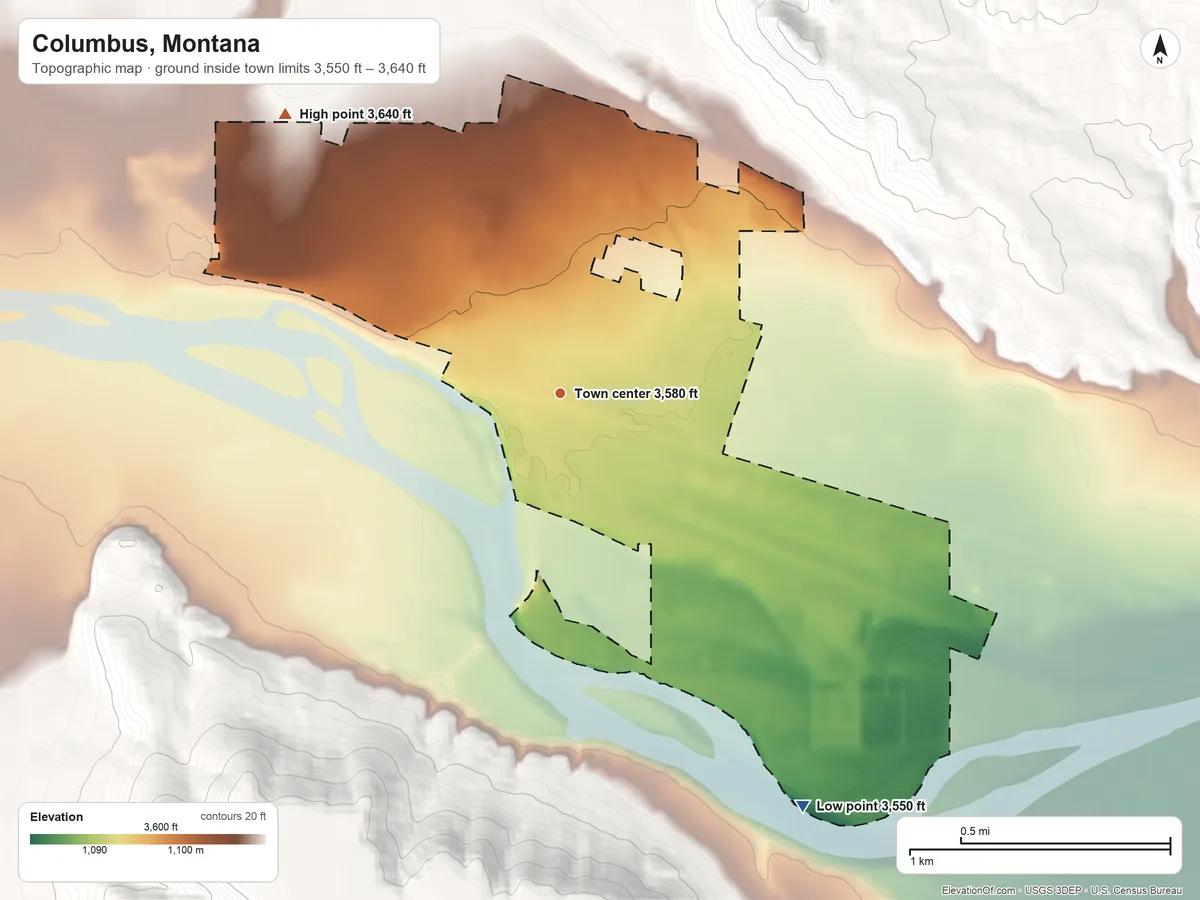 Topographic elevation map of Columbus, Montana, shaded from 3,550 ft on the southeast side to 3,640 ft on the northwest edge, below higher ground just outside