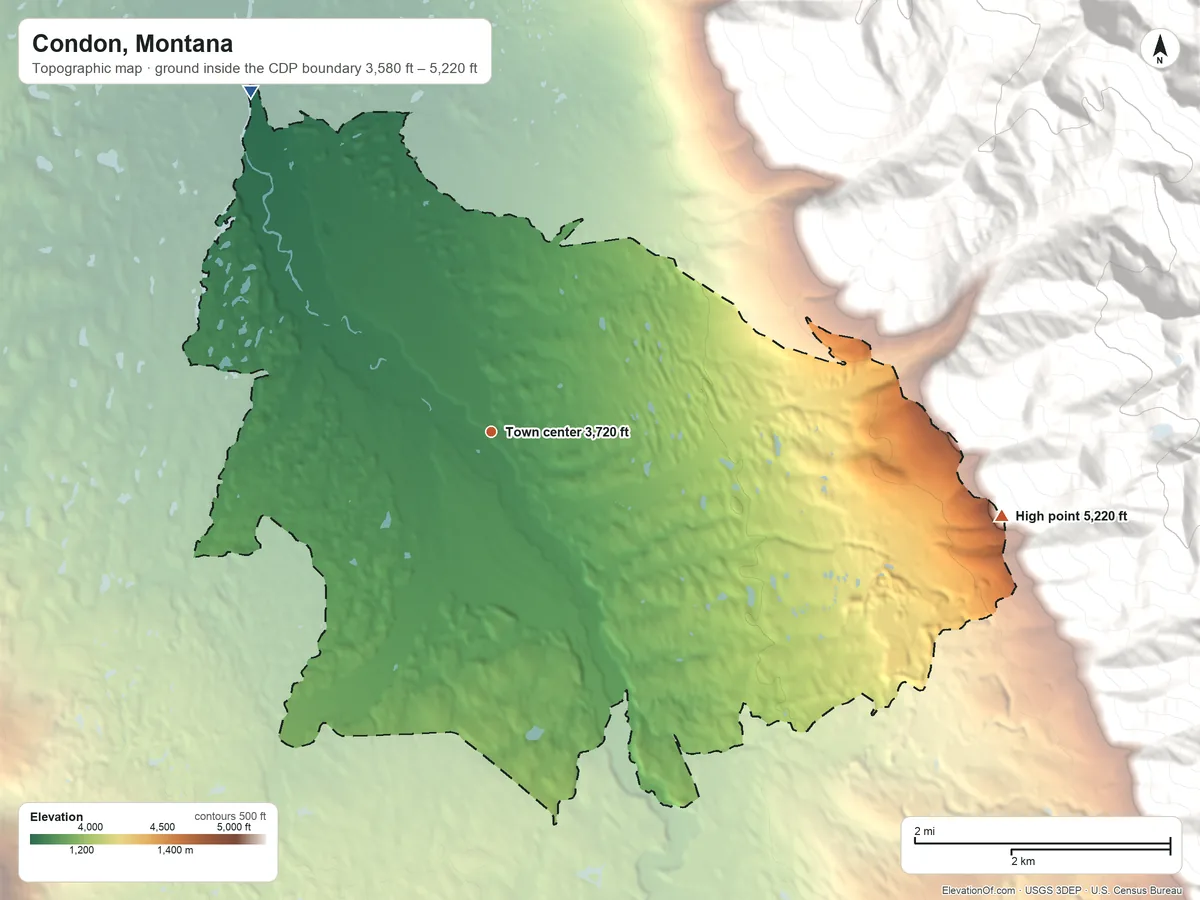 Topographic elevation map of Condon, Montana, shaded from 3,580 ft on the northwest side to 5,220 ft at the foot of the Mission Range