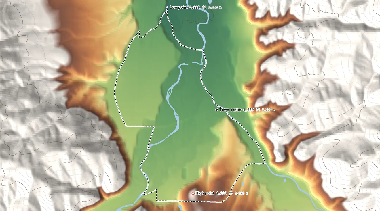 Topographic elevation map of Conner, Montana, shaded from 3,990 ft on the northwest side to 4,330 ft on the south edge, below higher ground just outside