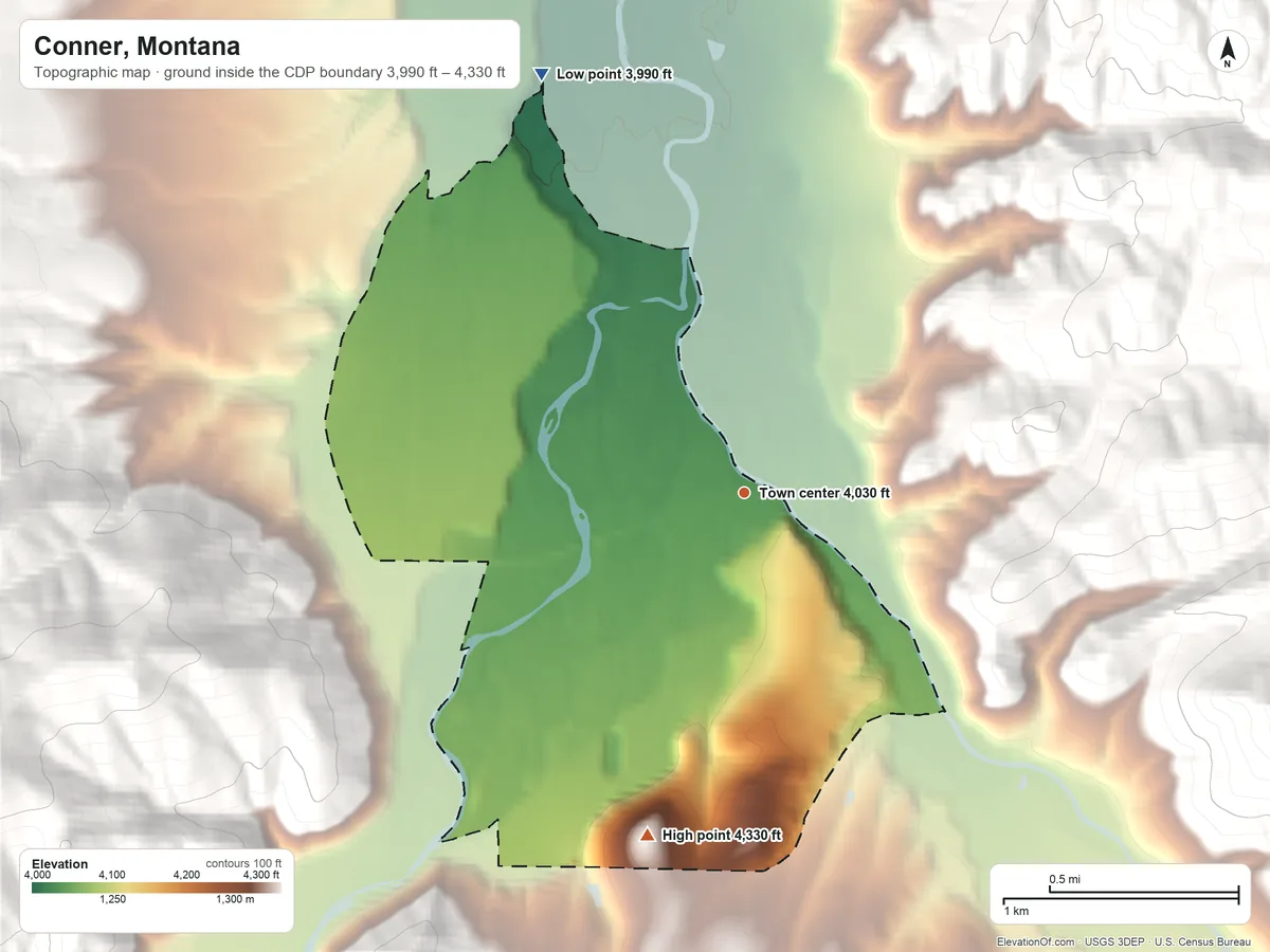 Topographic elevation map of Conner, Montana, shaded from 3,990 ft on the northwest side to 4,330 ft on the south edge, below higher ground just outside
