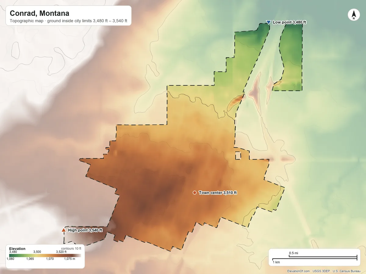Topographic elevation map of Conrad, Montana, shaded from 3,480 ft on the northeast side to 3,540 ft on the west side