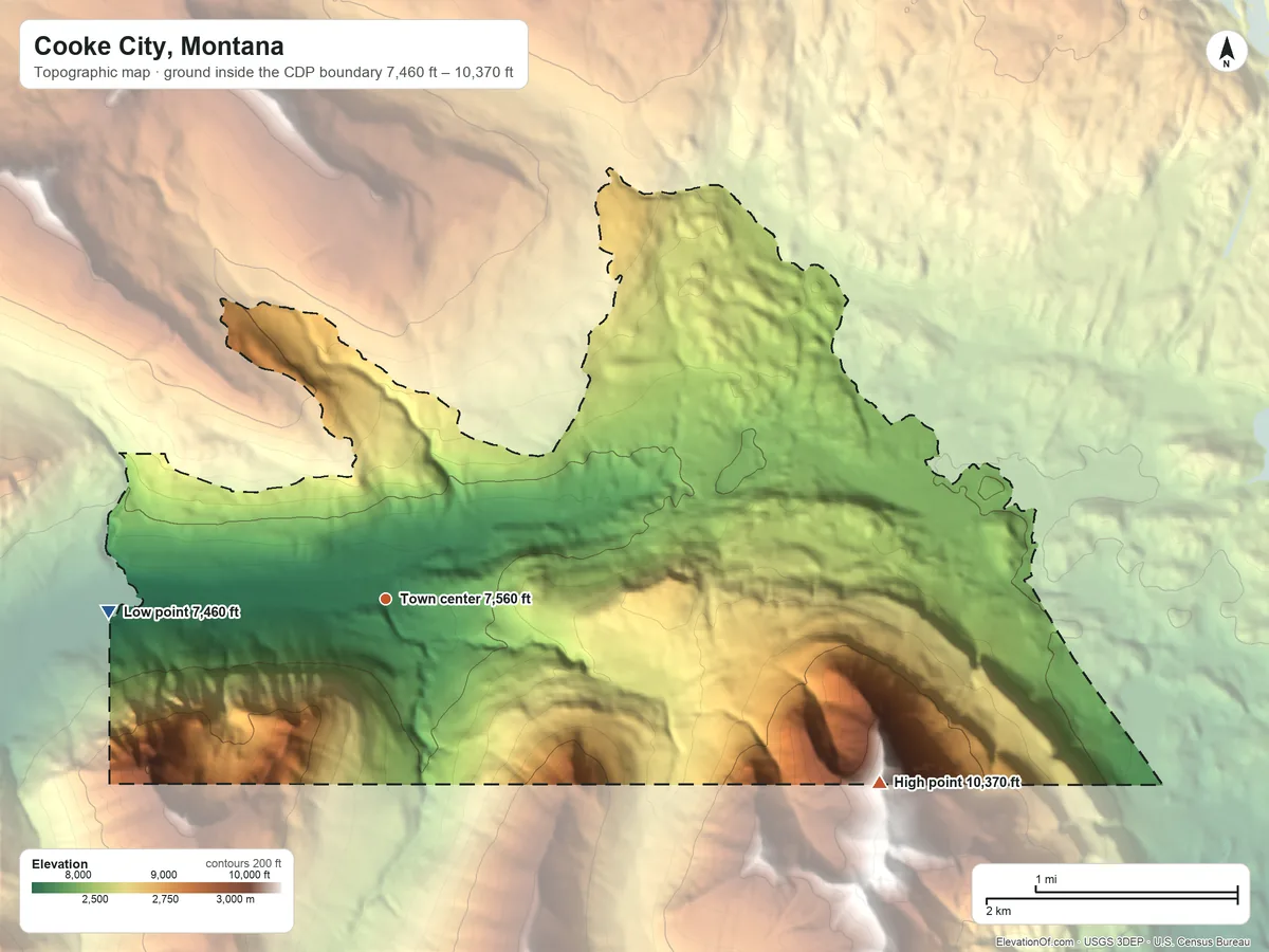 Topographic elevation map of Cooke City, Montana, shaded from 7,460 ft on the west side to 10,370 ft at the foot of the Beartooth Mountains