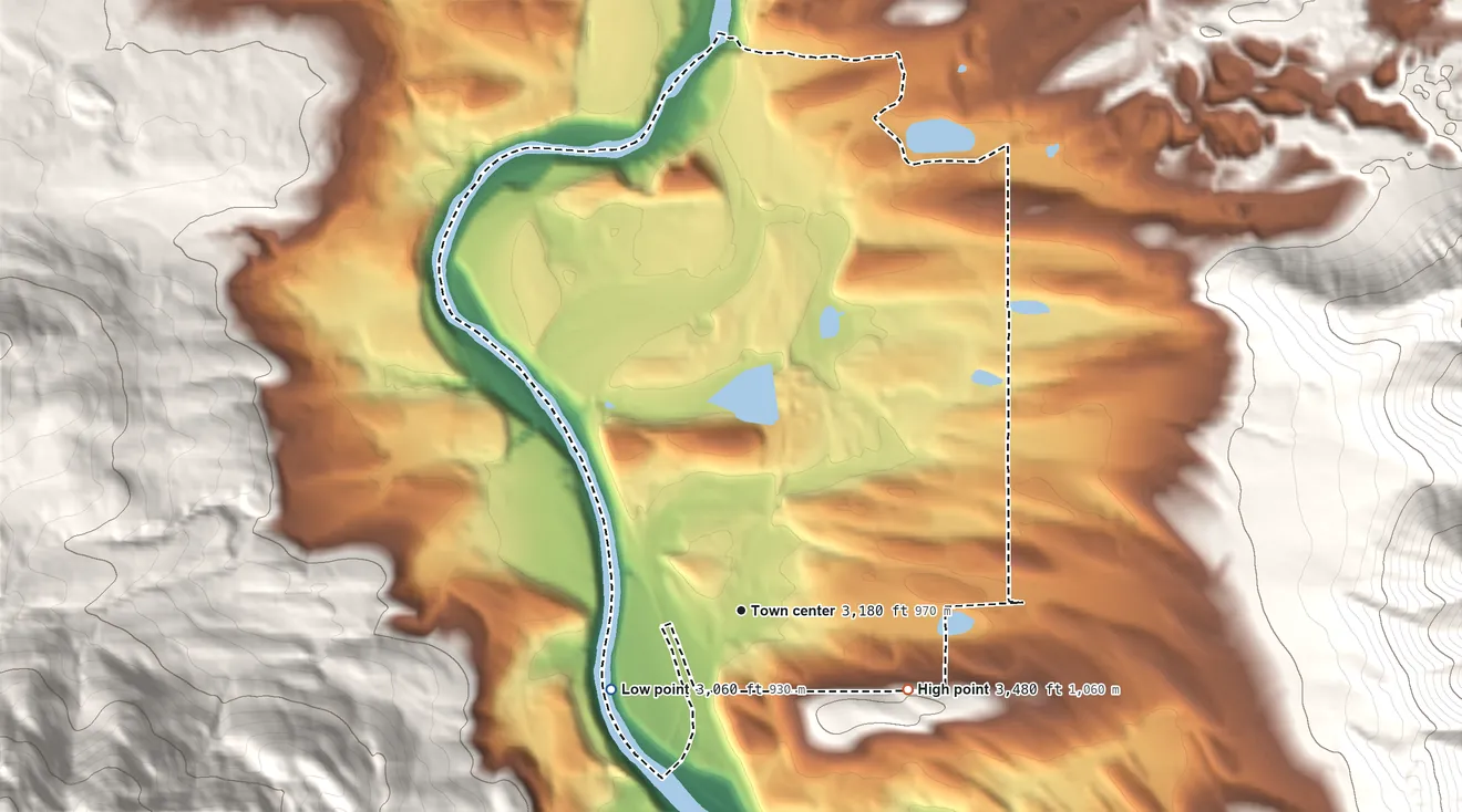 Topographic elevation map of Coram, Montana, shaded from 3,060 ft on the southwest side to 3,480 ft at the foot of the Smoky Range