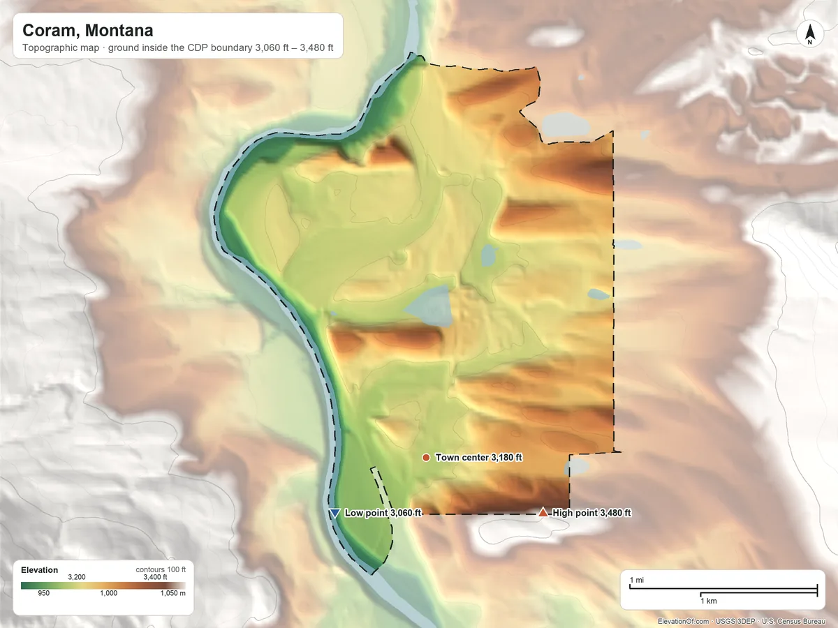 Topographic elevation map of Coram, Montana, shaded from 3,060 ft on the southwest side to 3,480 ft at the foot of the Smoky Range