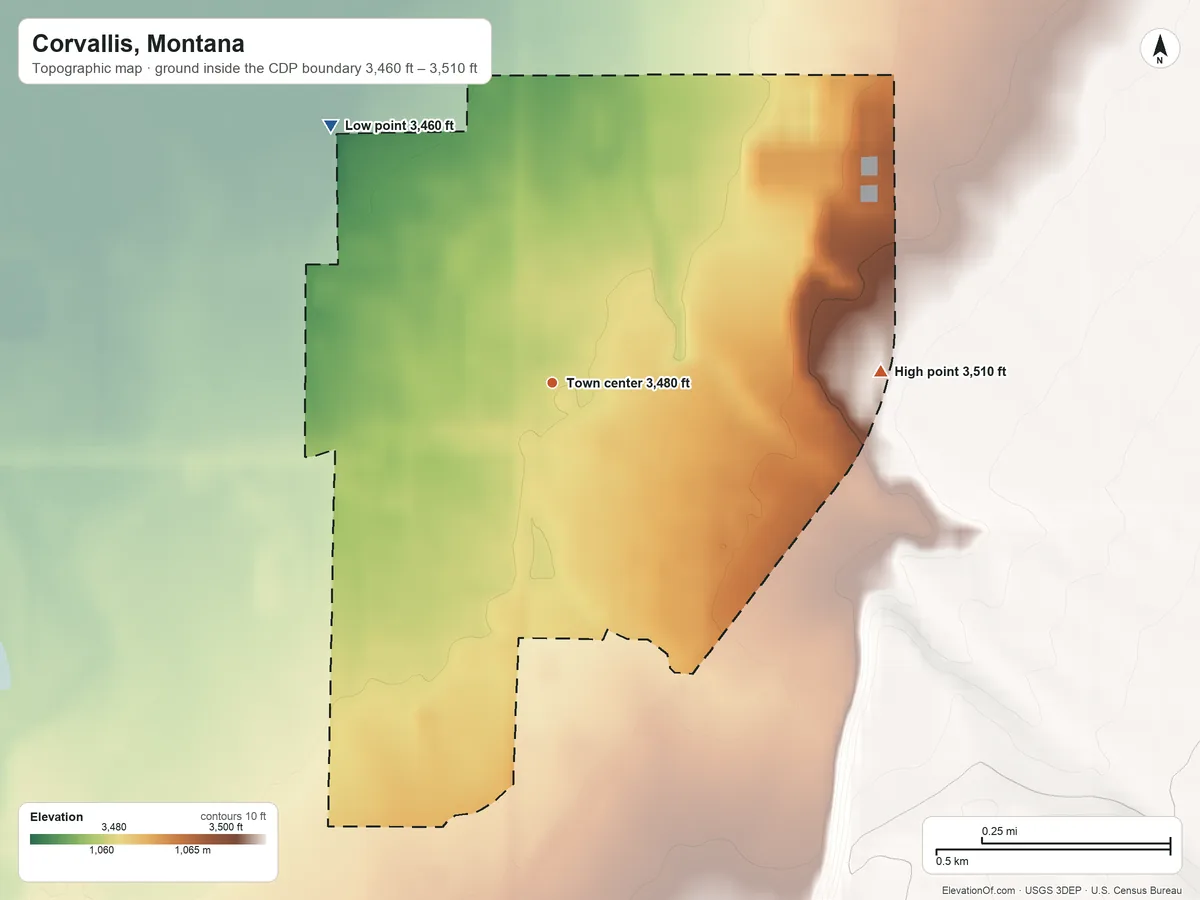 Topographic elevation map of Corvallis, Montana, shaded from 3,460 ft on the northwest side to 3,510 ft on the east side