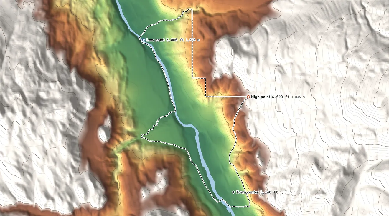 Topographic elevation map of Corwin Springs, Montana, shaded from 5,060 ft on the northwest side to 6,020 ft on the north edge, below higher ground just outside