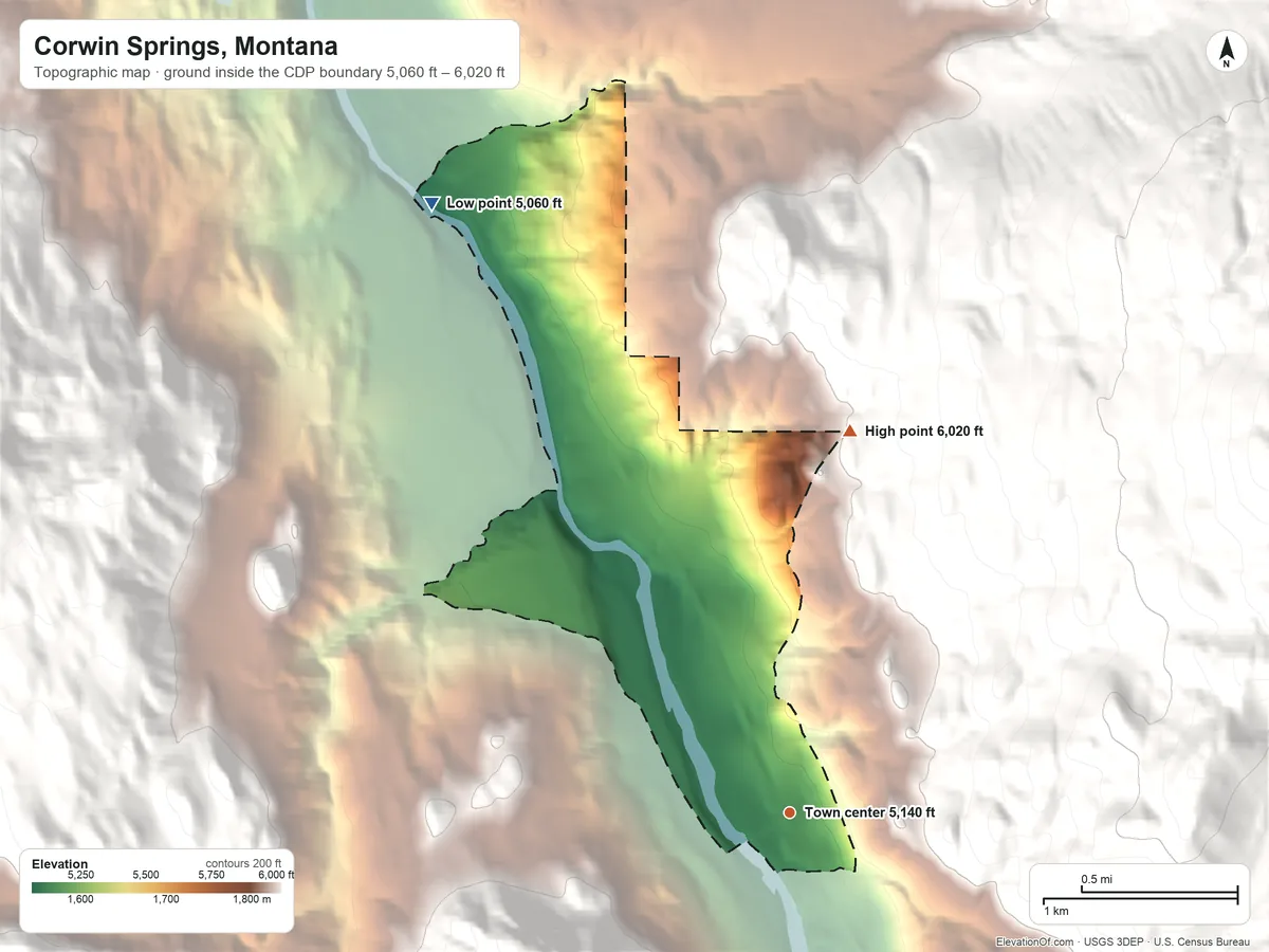 Topographic elevation map of Corwin Springs, Montana, shaded from 5,060 ft on the northwest side to 6,020 ft on the north edge, below higher ground just outside