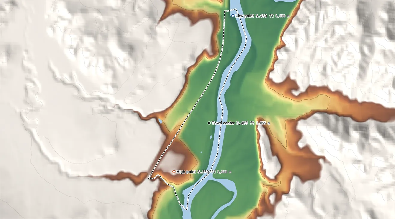 Topographic elevation map of Craig, Montana, shaded from 3,450 ft on the north side to 3,560 ft at the foot of The Pinnacles
