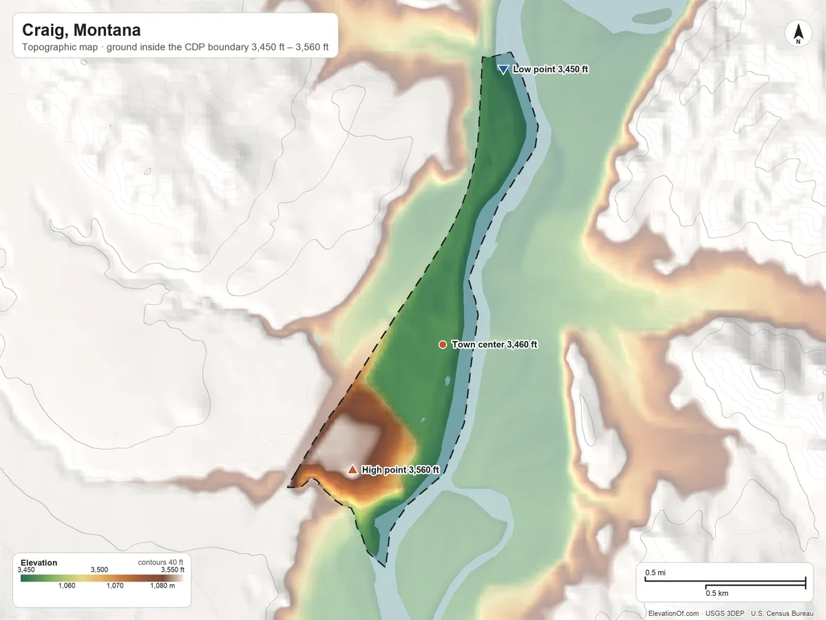 Topographic elevation map of Craig, Montana, shaded from 3,450 ft on the north side to 3,560 ft at the foot of The Pinnacles