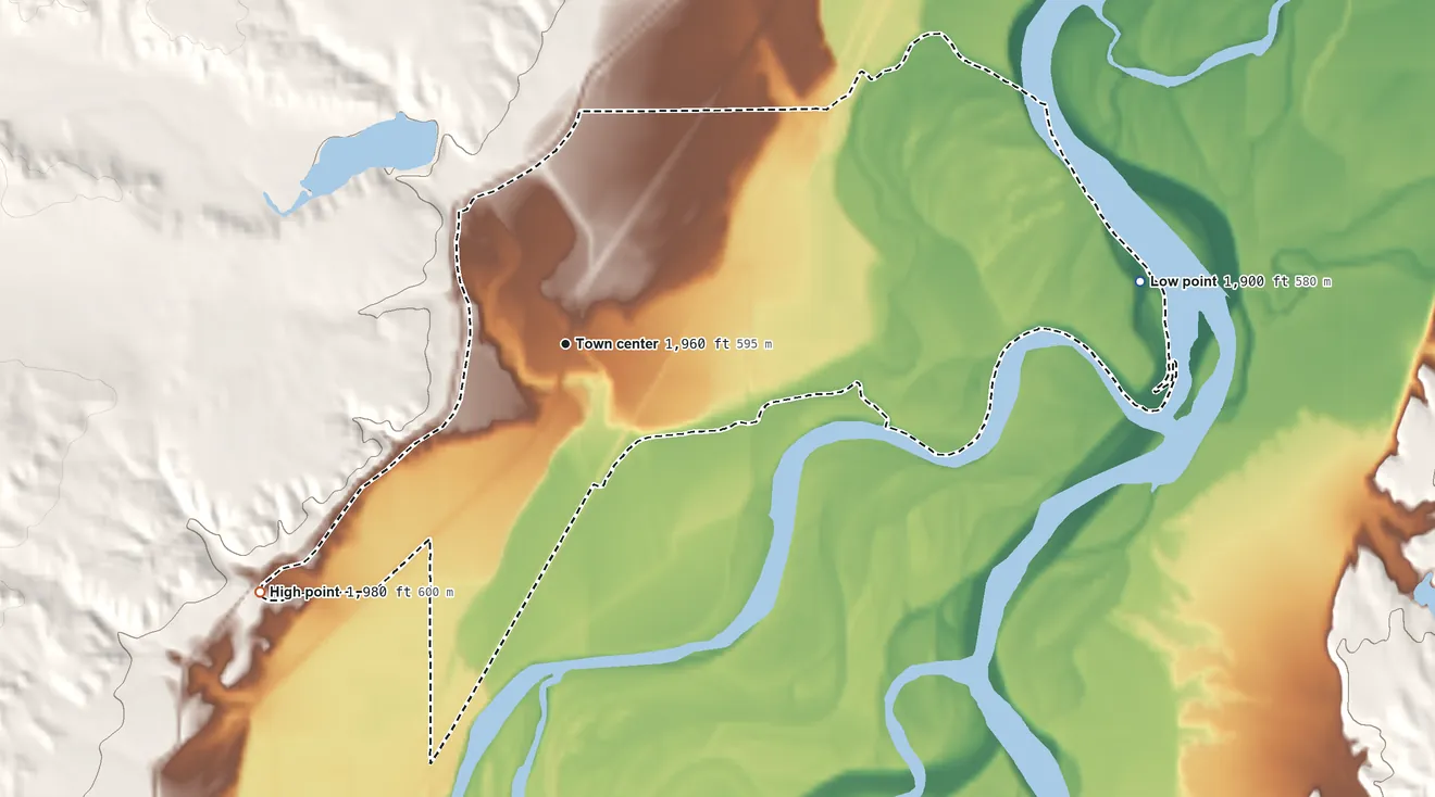 Topographic elevation map of Crane, Montana, shaded from 1,900 ft on the east side to 1,980 ft on the southwest side