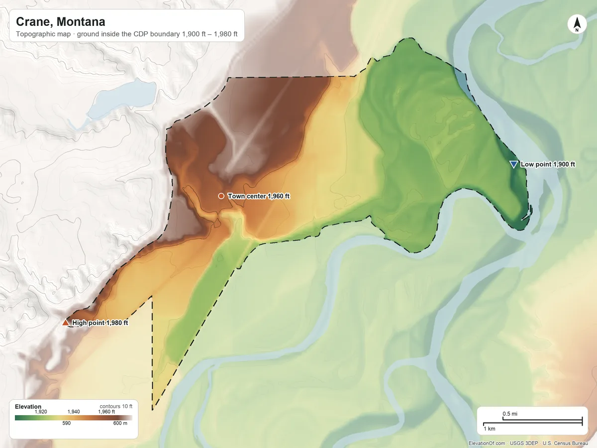 Topographic elevation map of Crane, Montana, shaded from 1,900 ft on the east side to 1,980 ft on the southwest side