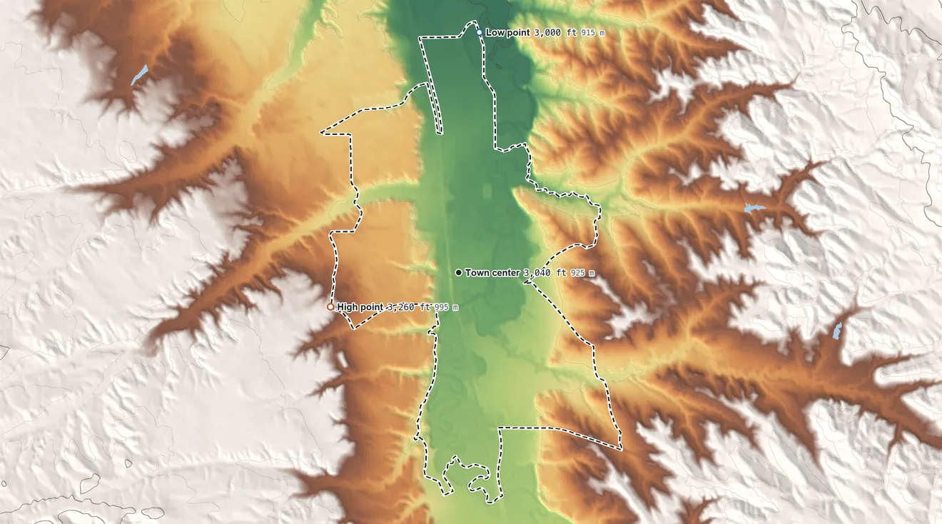 Topographic elevation map of Crow Agency, Montana, shaded from 3,000 ft on the north side to 3,260 ft on the west side