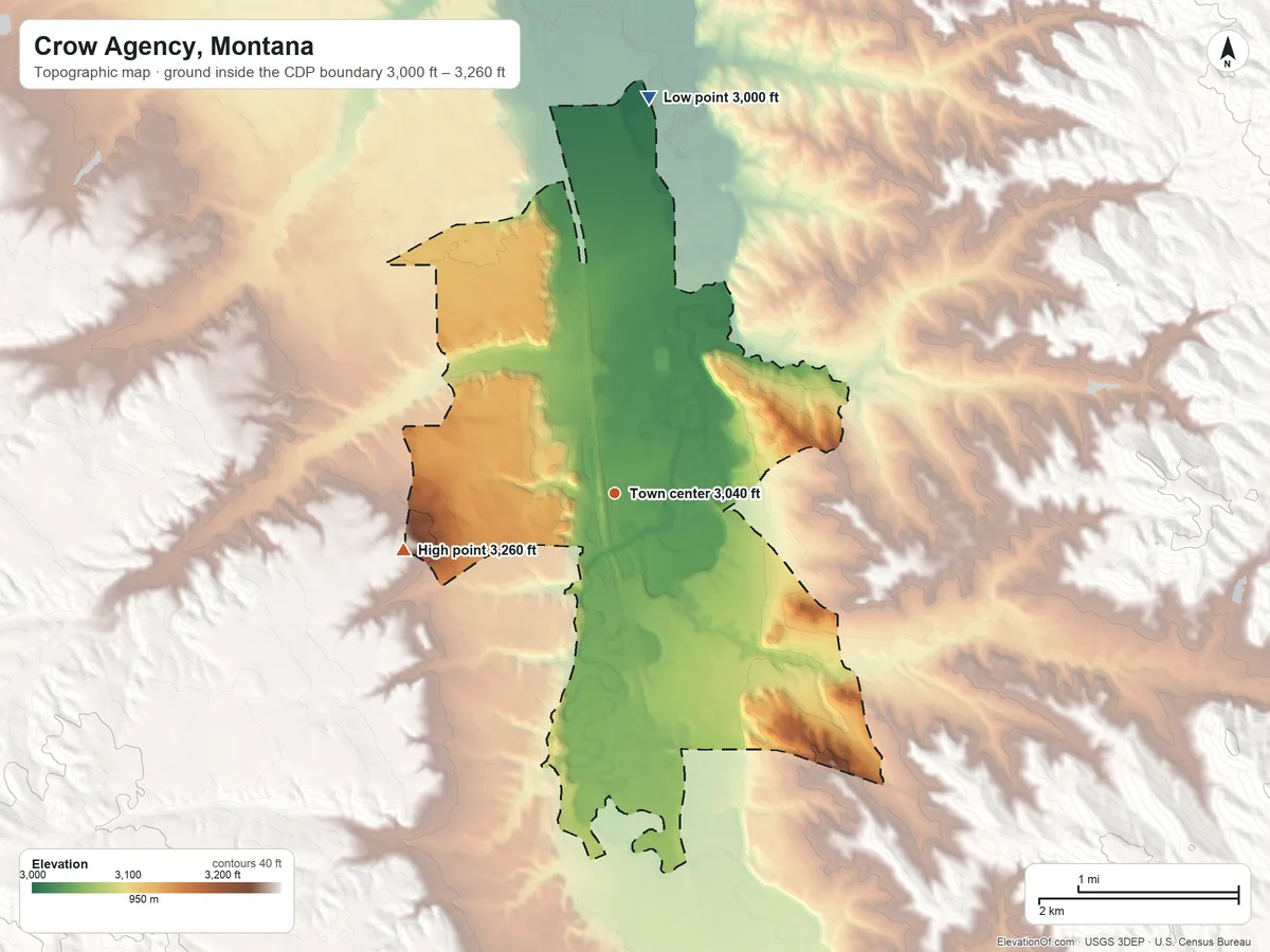 Topographic elevation map of Crow Agency, Montana, shaded from 3,000 ft on the north side to 3,260 ft on the west side