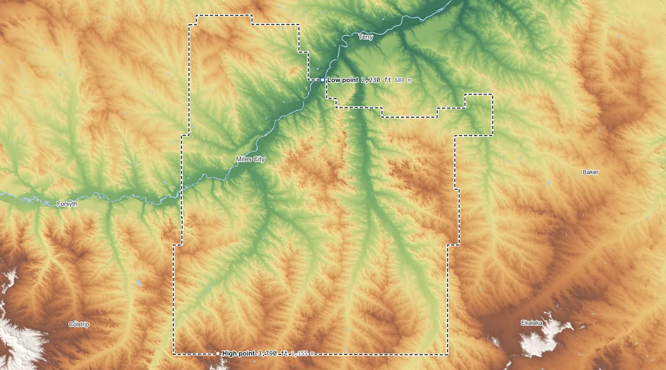 Topographic elevation map of Custer County, Montana, shaded from 2,230 ft on the north side to 3,790 ft on the southwest side