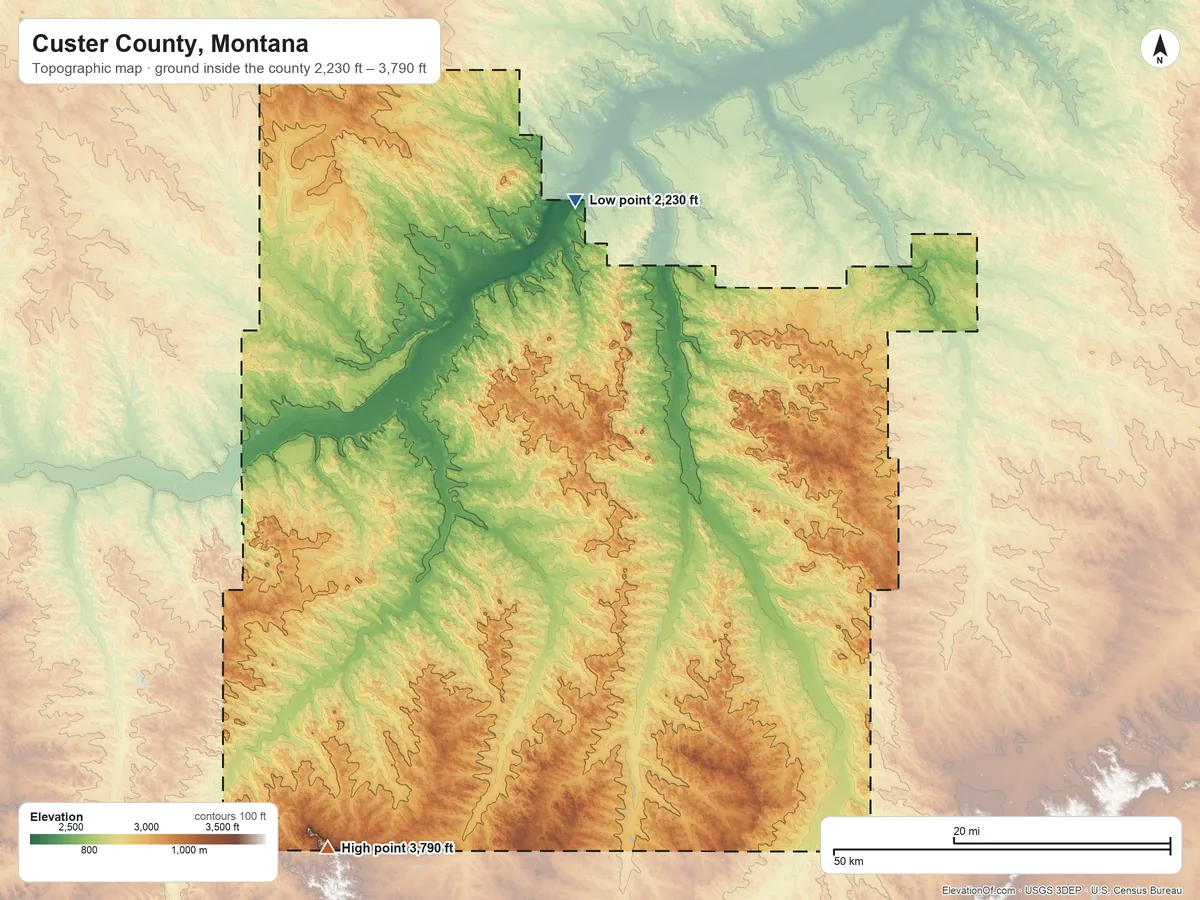Topographic elevation map of Custer County, Montana, shaded from 2,230 ft on the north side to 3,790 ft on the southwest side