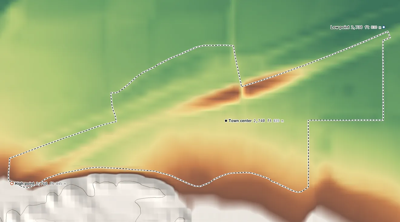 Topographic elevation map of Custer, Montana, shaded from 2,730 ft on the northeast side to 2,760 ft on the west edge, below higher ground just outside