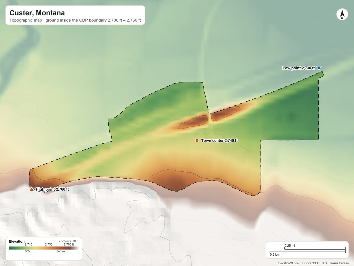 Topographic elevation map of Custer, Montana, shaded from 2,730 ft on the northeast side to 2,760 ft on the west edge, below higher ground just outside