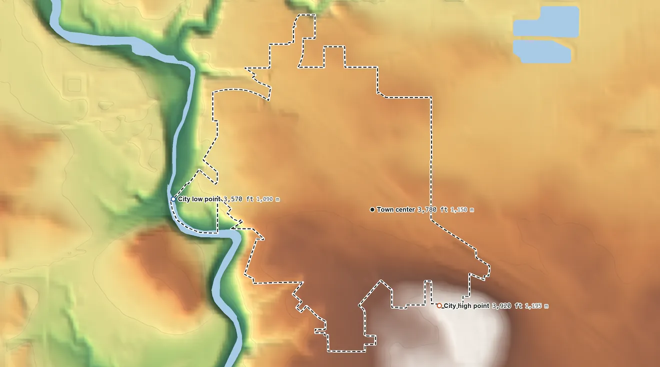 Topographic elevation map of Cut Bank, Montana, shaded from 3,570 ft on the west side to 3,920 ft on the southeast side