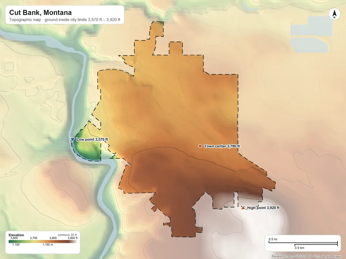 Topographic elevation map of Cut Bank, Montana, shaded from 3,570 ft on the west side to 3,920 ft on the southeast side