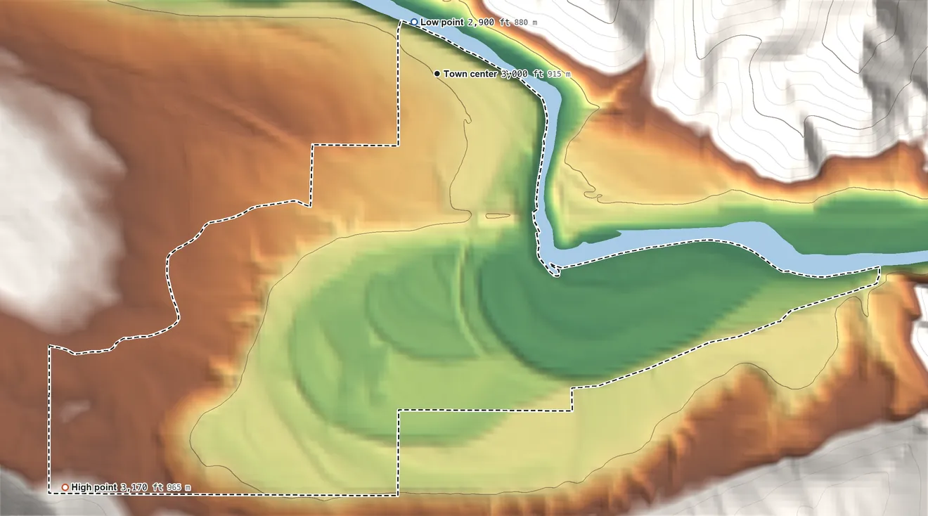 Topographic elevation map of Cyr, Montana, shaded from 2,900 ft near the middle to 3,170 ft on the southwest edge, below higher ground just outside