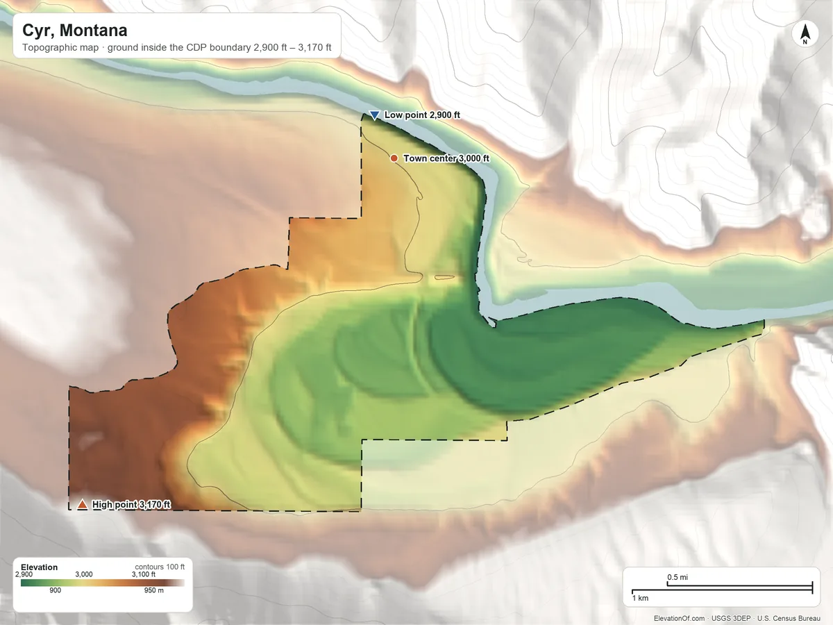 Topographic elevation map of Cyr, Montana, shaded from 2,900 ft near the middle to 3,170 ft on the southwest edge, below higher ground just outside