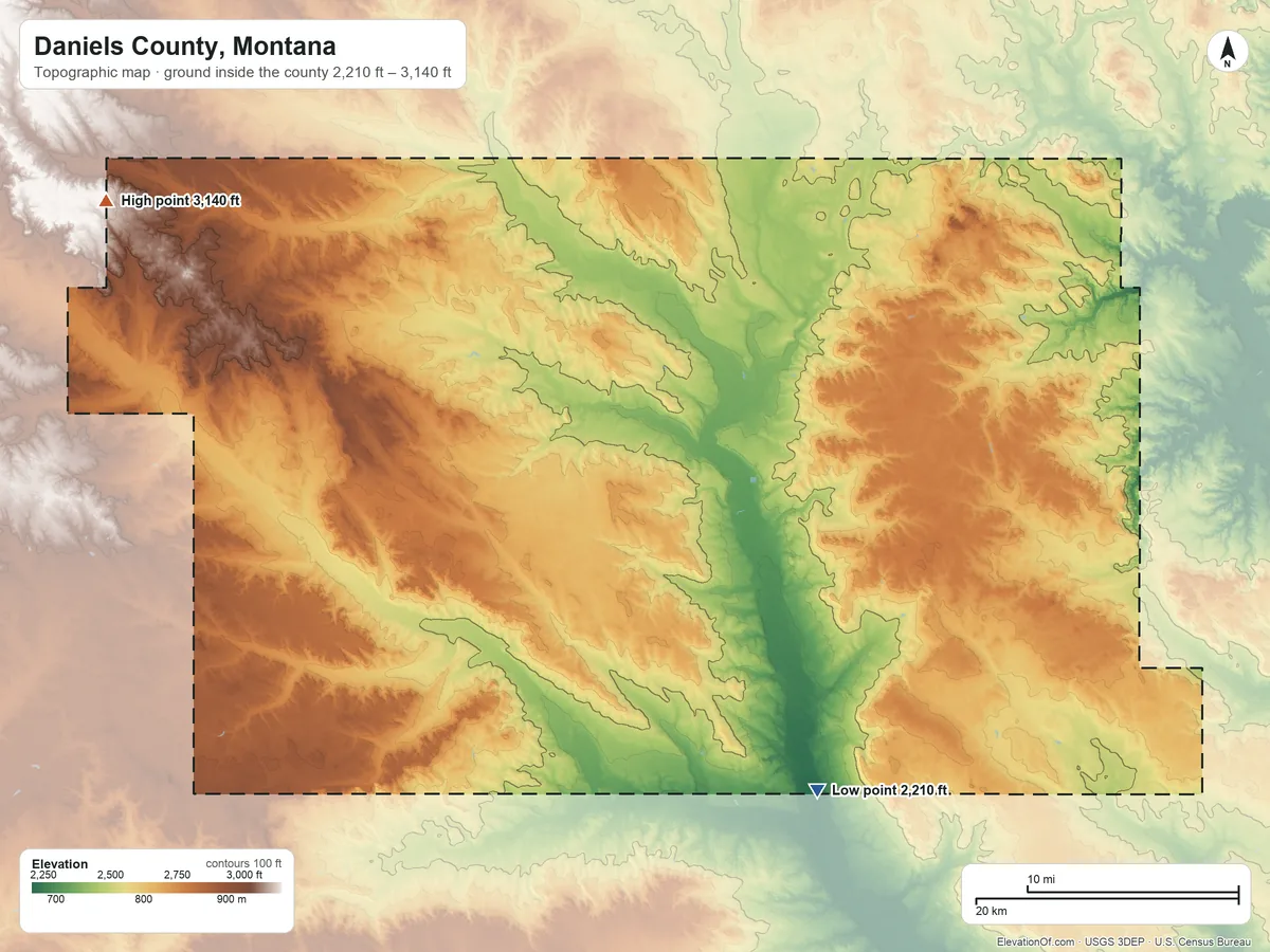 Topographic elevation map of Daniels County, Montana, shaded from 2,210 ft on the southeast side to 3,140 ft on the northwest side