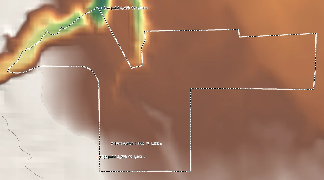 Topographic elevation map of Danvers, Montana, shaded from 3,470 ft on the north side to 3,560 ft near the middle
