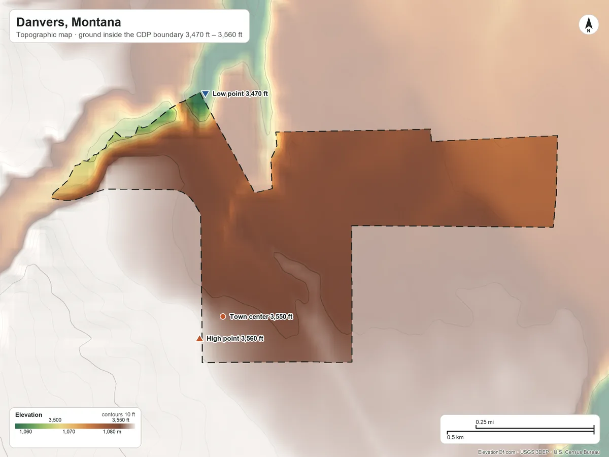 Topographic elevation map of Danvers, Montana, shaded from 3,470 ft on the north side to 3,560 ft near the middle