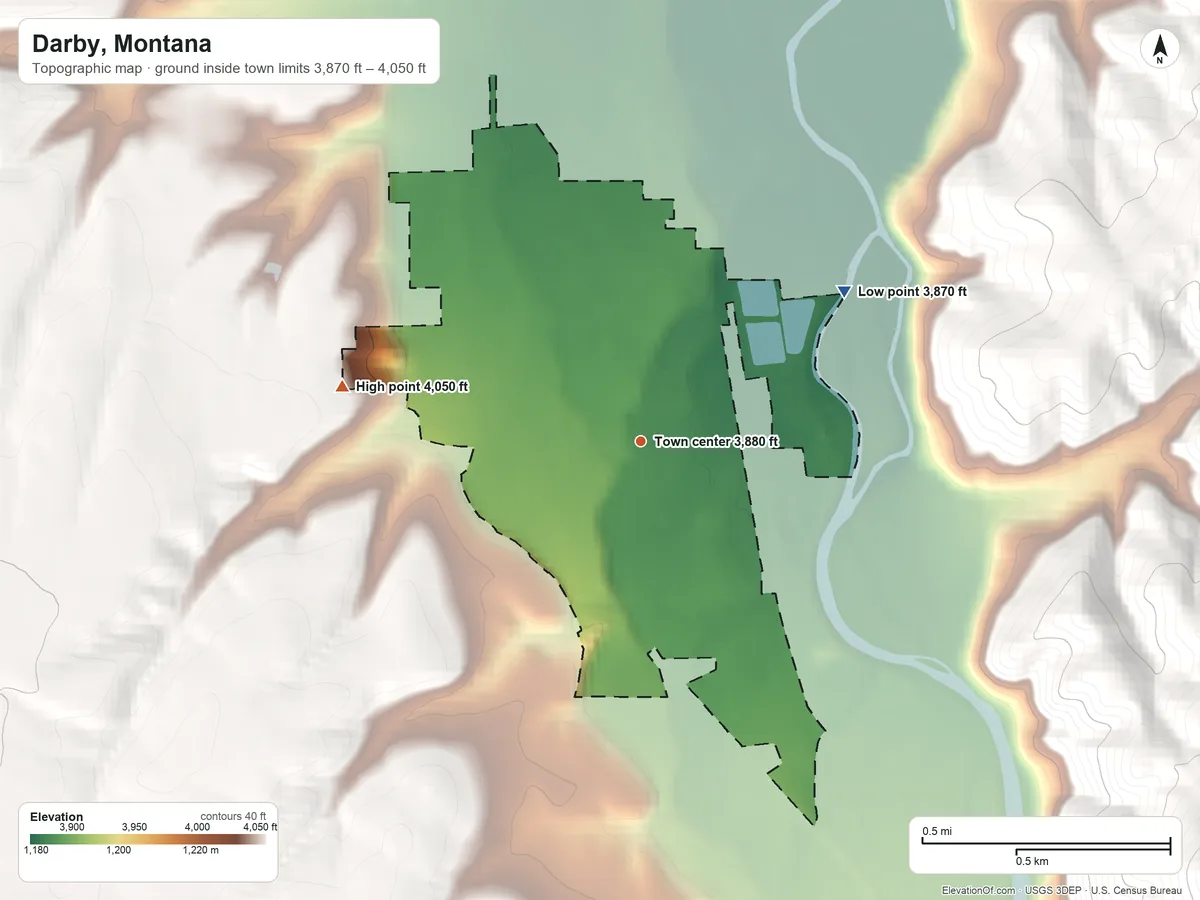 Topographic elevation map of Darby, Montana, shaded from 3,870 ft on the northeast side to 4,050 ft on the west edge, below higher ground just outside