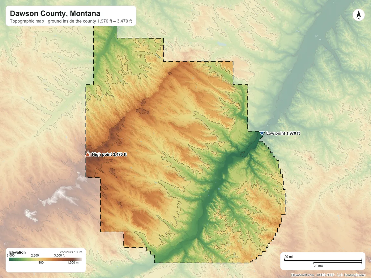 Topographic elevation map of Dawson County, Montana, shaded from 1,970 ft on the east side to 3,470 ft on Mount Antelope