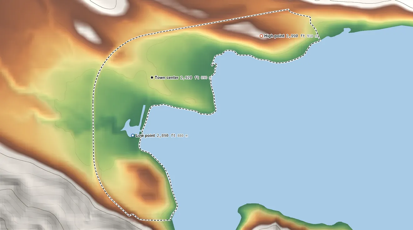 Topographic elevation map of Dayton, Montana, shaded from 2,890 ft on the south side to 2,990 ft on the east edge, below higher ground just outside
