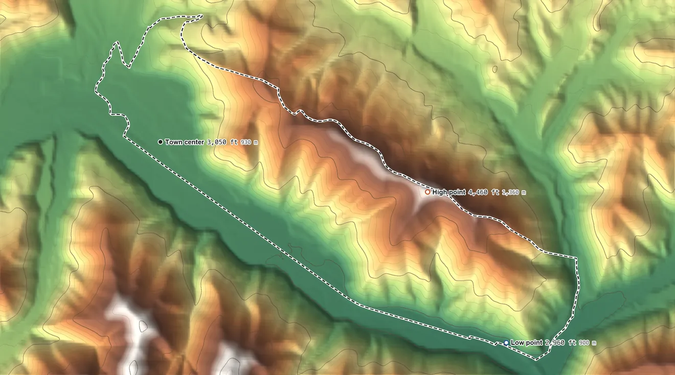 Topographic elevation map of De Borgia, Montana, shaded from 2,960 ft on the southeast side to 4,460 ft on Henderson Hill
